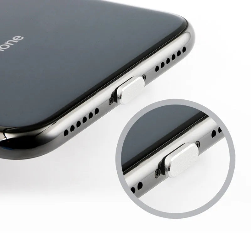 Aluminium alloy iPhone charging port dust plug shown in various colours including gold, silver, blue, and rose gold.