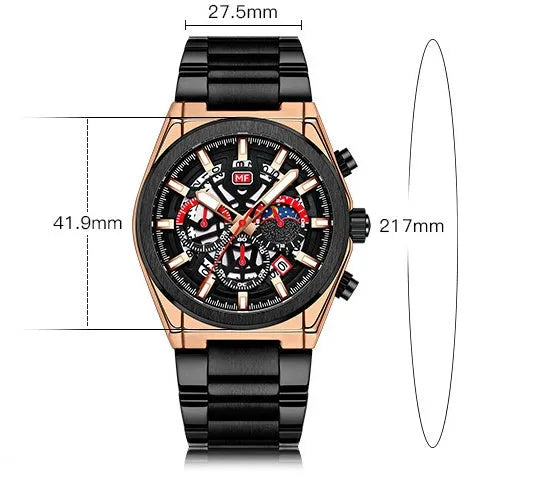 Men's business quartz watch with luminous hands and calendar, 35.5mm dial, mineral glass, stainless steel buckle, black face