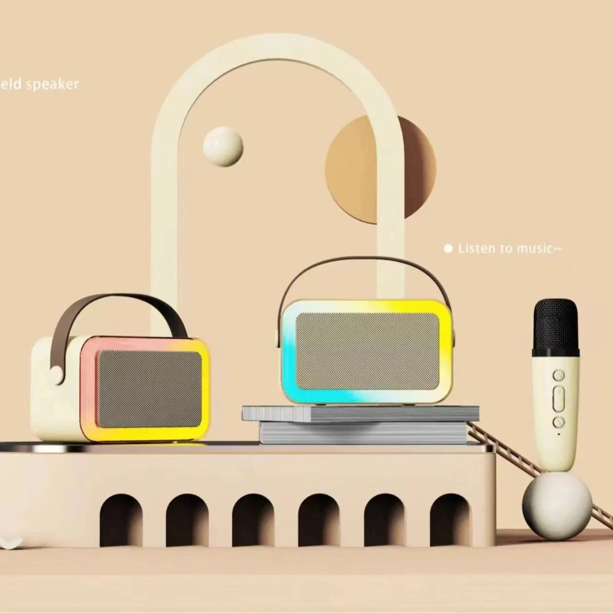Portable Bluetooth karaoke speaker in white, pink, or sky blue colour with microphone function