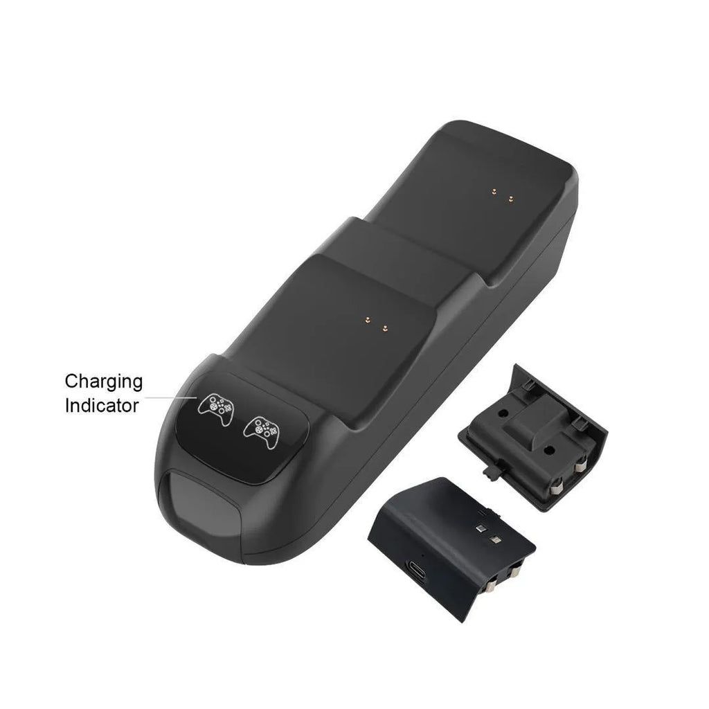 Black Xbox Series X/S dual controller charging station with LED indicators and two 600mAh battery packs