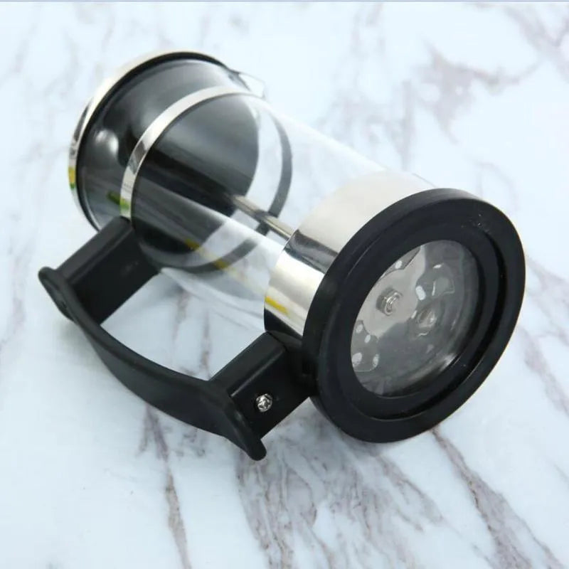 350ml capacity glass and stainless steel manual coffee maker, 10cm wide by 17cm tall.