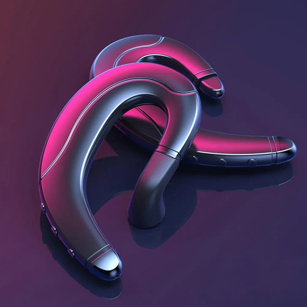 A single-ear, out-of-ear mounted Bluetooth headset for hands-free communication, shown in black, blue, or red.
