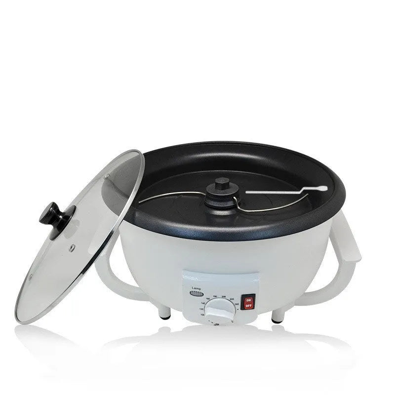 White oblate home coffee bean roasting machine with 750g capacity.