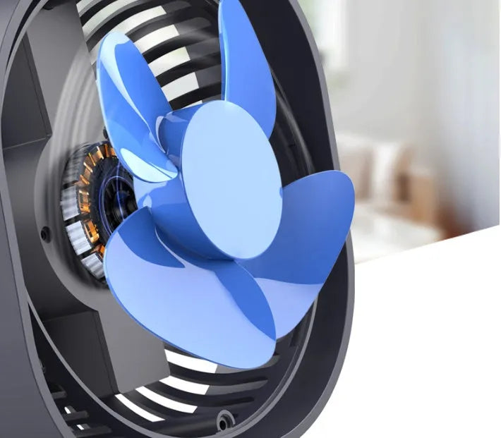 USB desk fan alarm clock with 360-degree rotation in deep blue colour