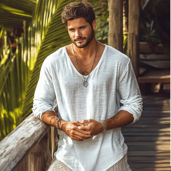 Beige V-neck long-sleeved slim fit T-shirt made from a hemp blend fabric.