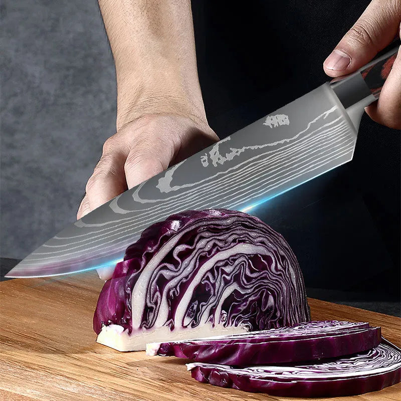 Chef knife with laser Damascus pattern on 18cm 7CR17 steel blade and colour steel handle.