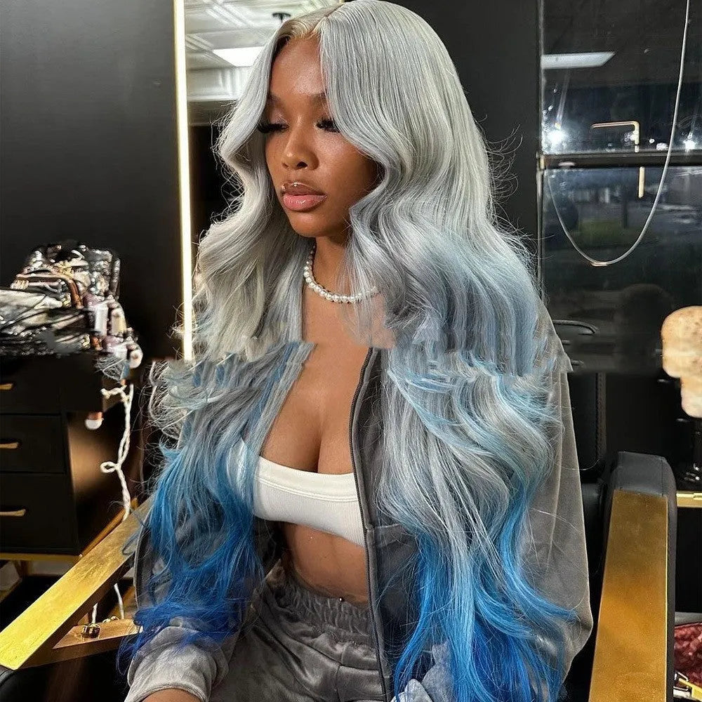 Gradient grey blue human hair lace front wig with 4x4 closure shown at shoulder length