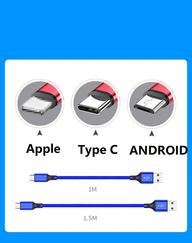 Long 2 metre mobile phone data cable in multiple colours for Apple, Android and TYPE-C phones.