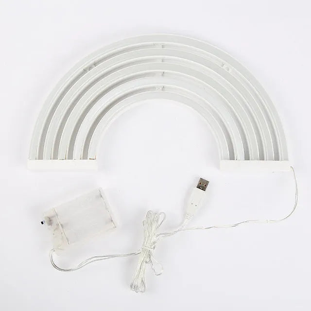 LED wall hanging rainbow neon light with compact 30x2x16cm housing on a wall