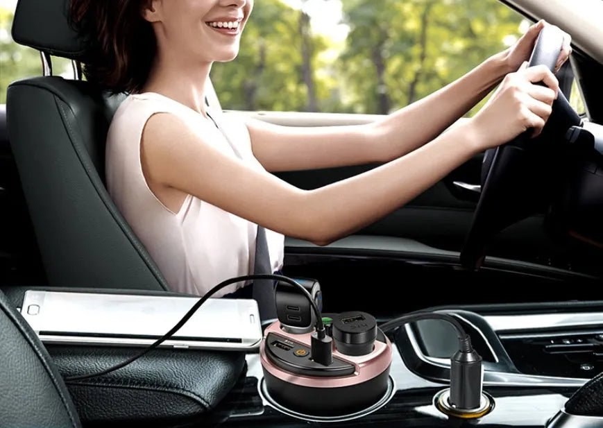Car Bluetooth MP3 player FM transmitter with dual USB charger in cup holder design available in black grey gold