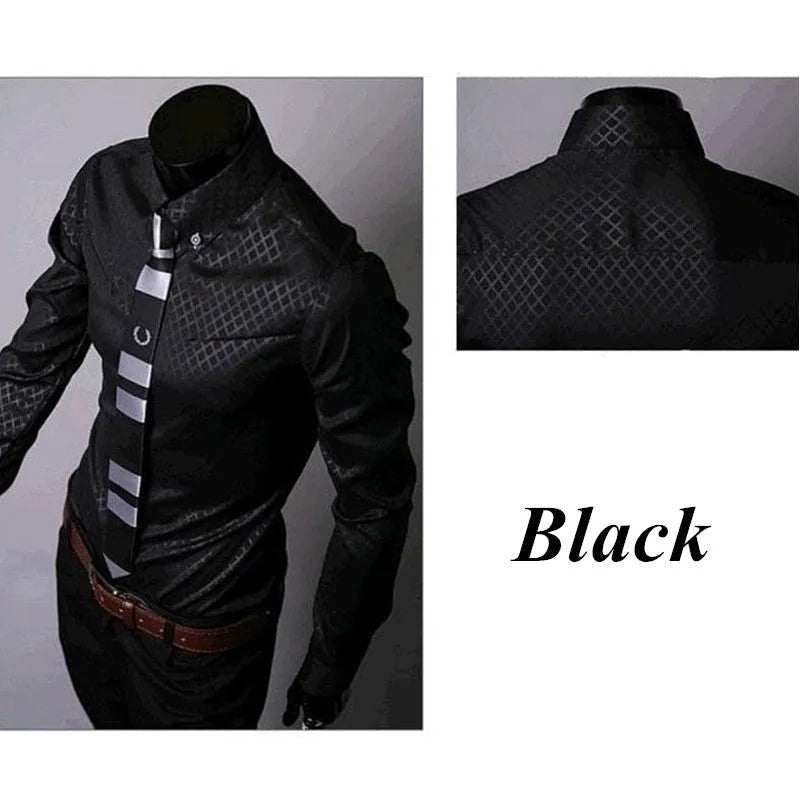 Men's fitted long sleeve shirt in designer plaid stripes pattern, cotton blend, classic square collar, available in black, blue, navy, red wine, royal blue, white