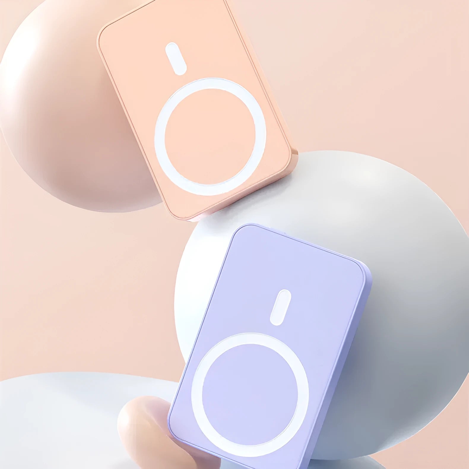 Pink purple white magnetic wireless power bank showing 20000mAh capacity and 20W output