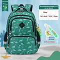 Blue dinosaur pattern children's waterproof school backpack with curved straps on a white background.