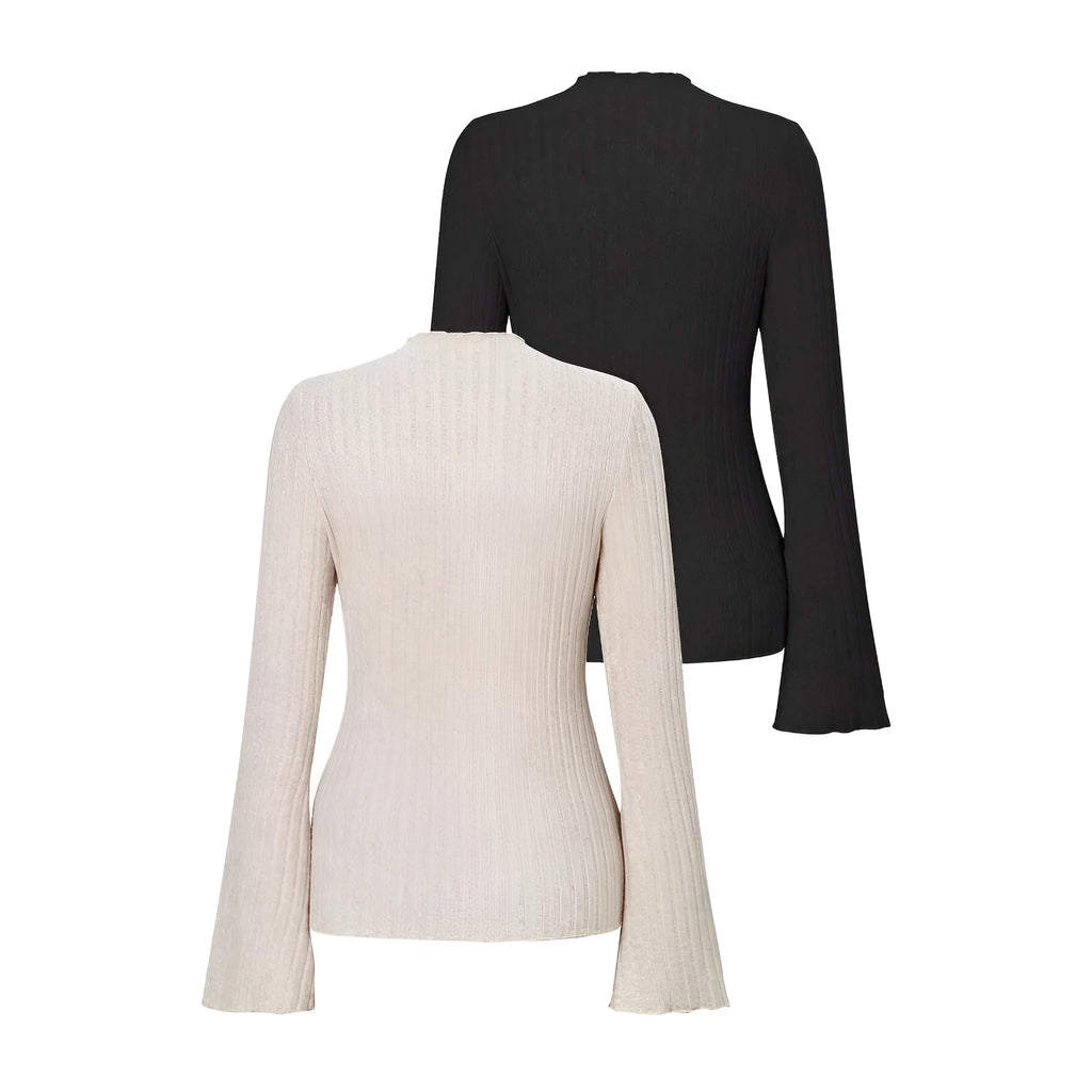 Black slim fit long sleeve top with lantern sleeves and a round neckline on a mannequin.
