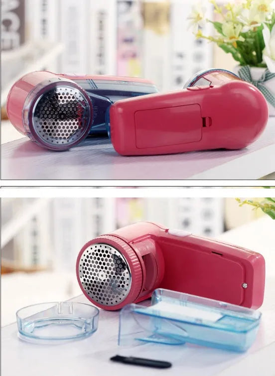 Portable electric lint remover handheld device on a blue background.