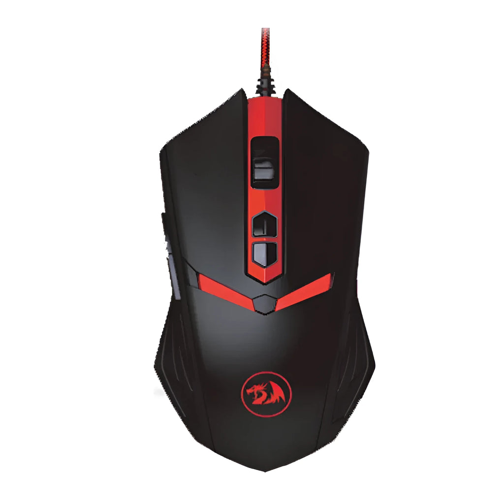 Black and red USB wired optical gaming mouse with six buttons and ergonomic shape