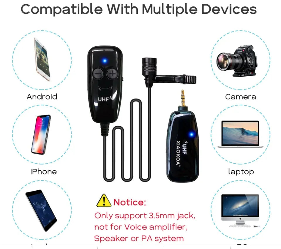 Black lavalier microphone with 3.5mm plug for mobile phones on a plain background.