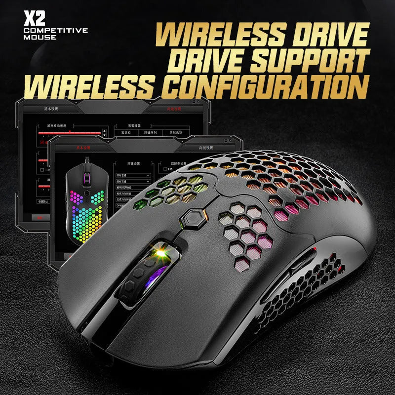 Free Wolf X2 wireless gaming mouse in five colour options showing RGB lighting and ergonomic design