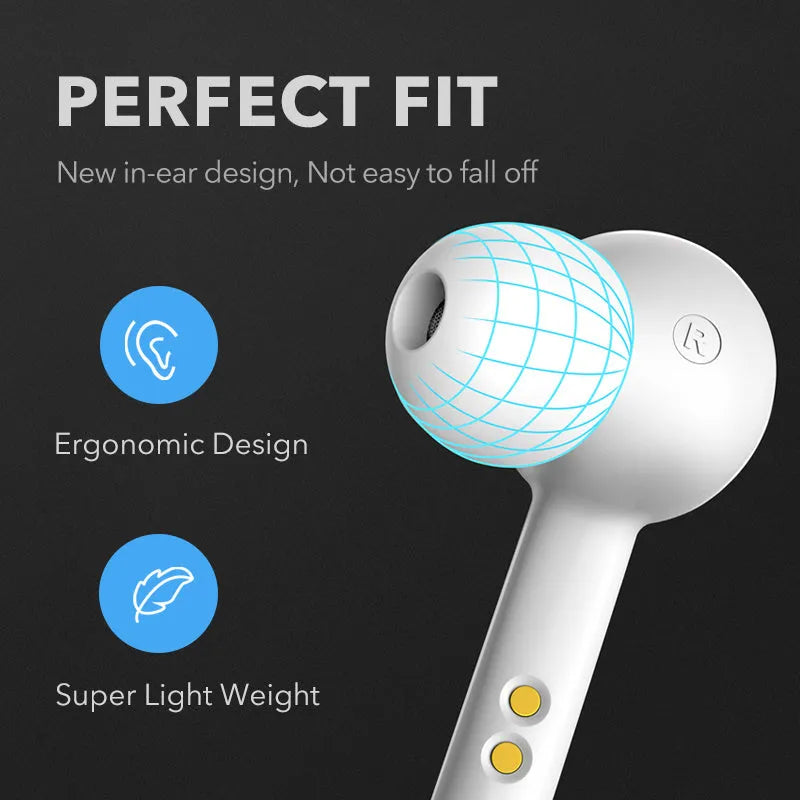 Black and white true wireless Bluetooth earbuds with charging case.