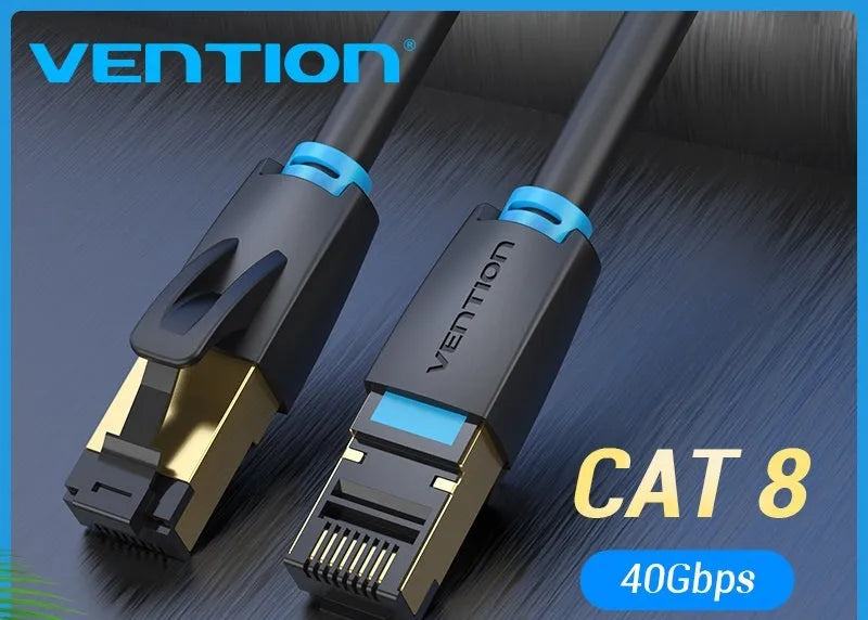 Cat8 10G Ethernet cable showing flat and round styles with RJ45 connectors in various lengths
