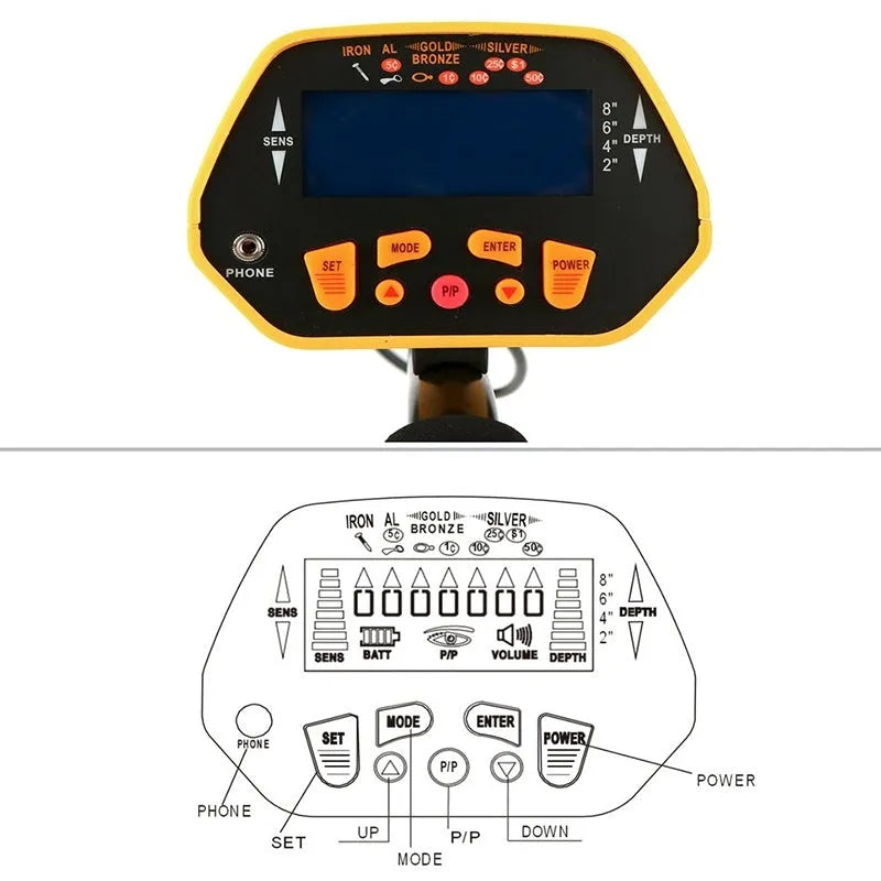GC1028 black and yellow professional metal detector with LCD screen and adjustable pole.