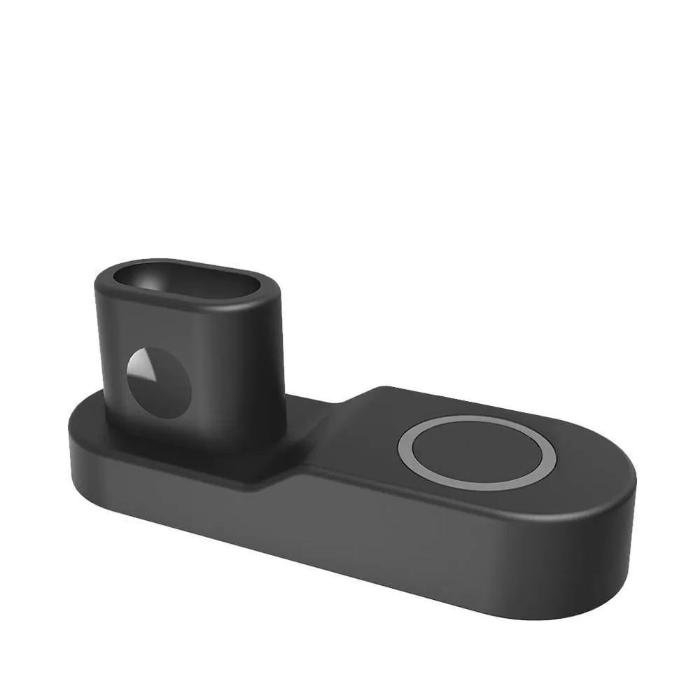 Black W3 three-in-one wireless charging station for iPhone, Apple Watch, and AirPods on a desk