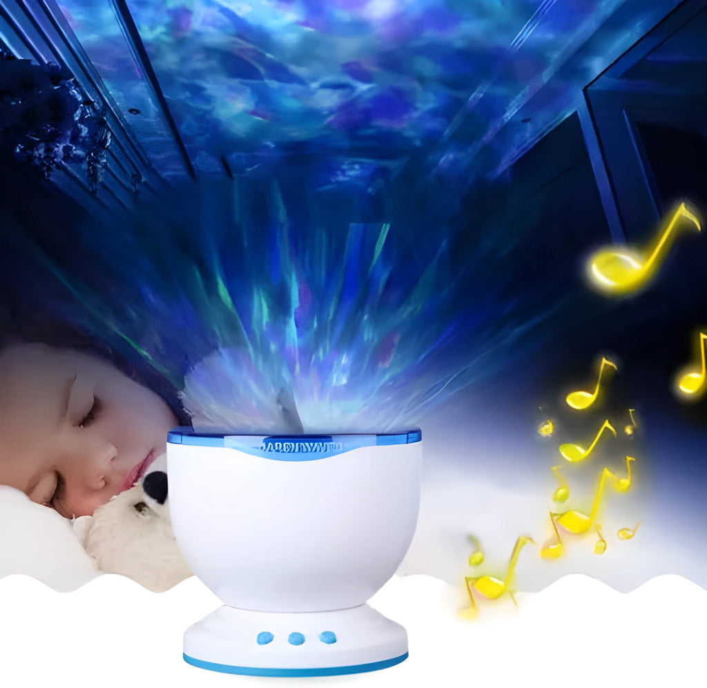 Blue coloured ocean wave light projector with DLP technology on a surface.