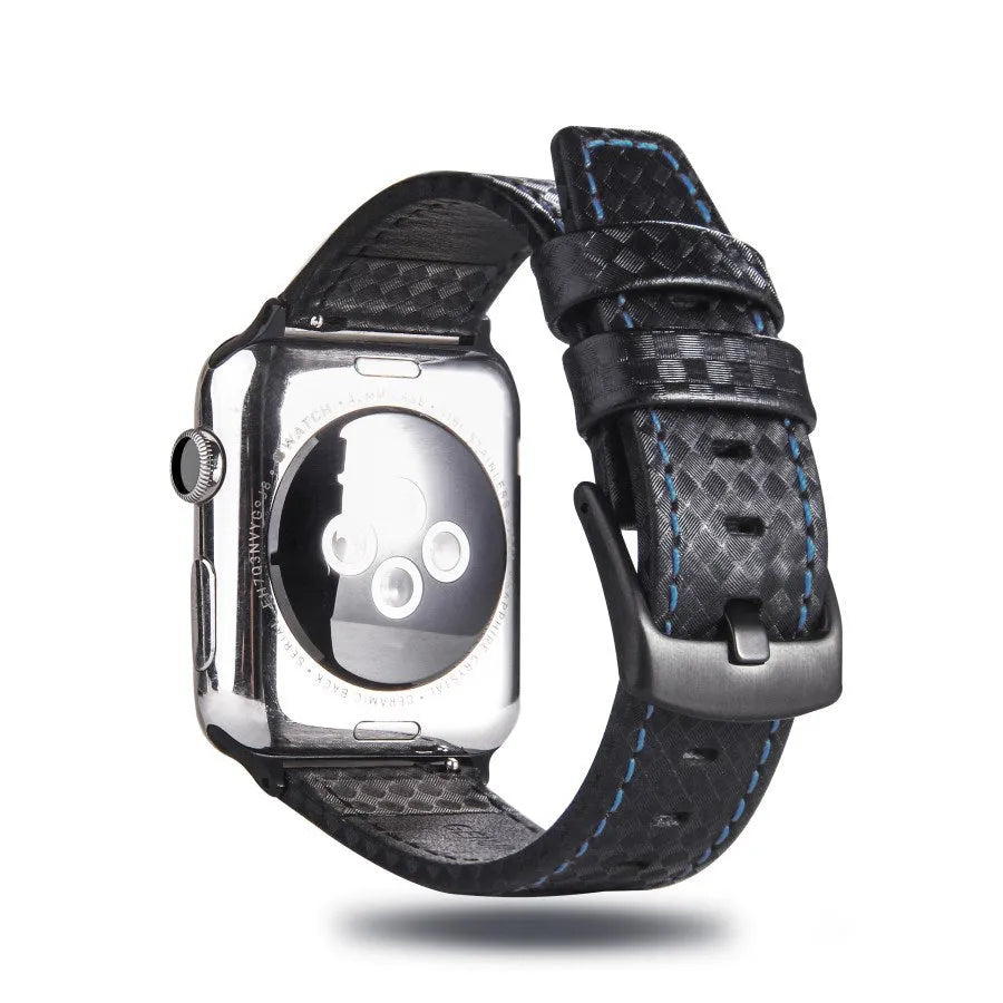 Leather Apple Watch strap with carbon fibre pattern case in black, blue, orange, and red colour options