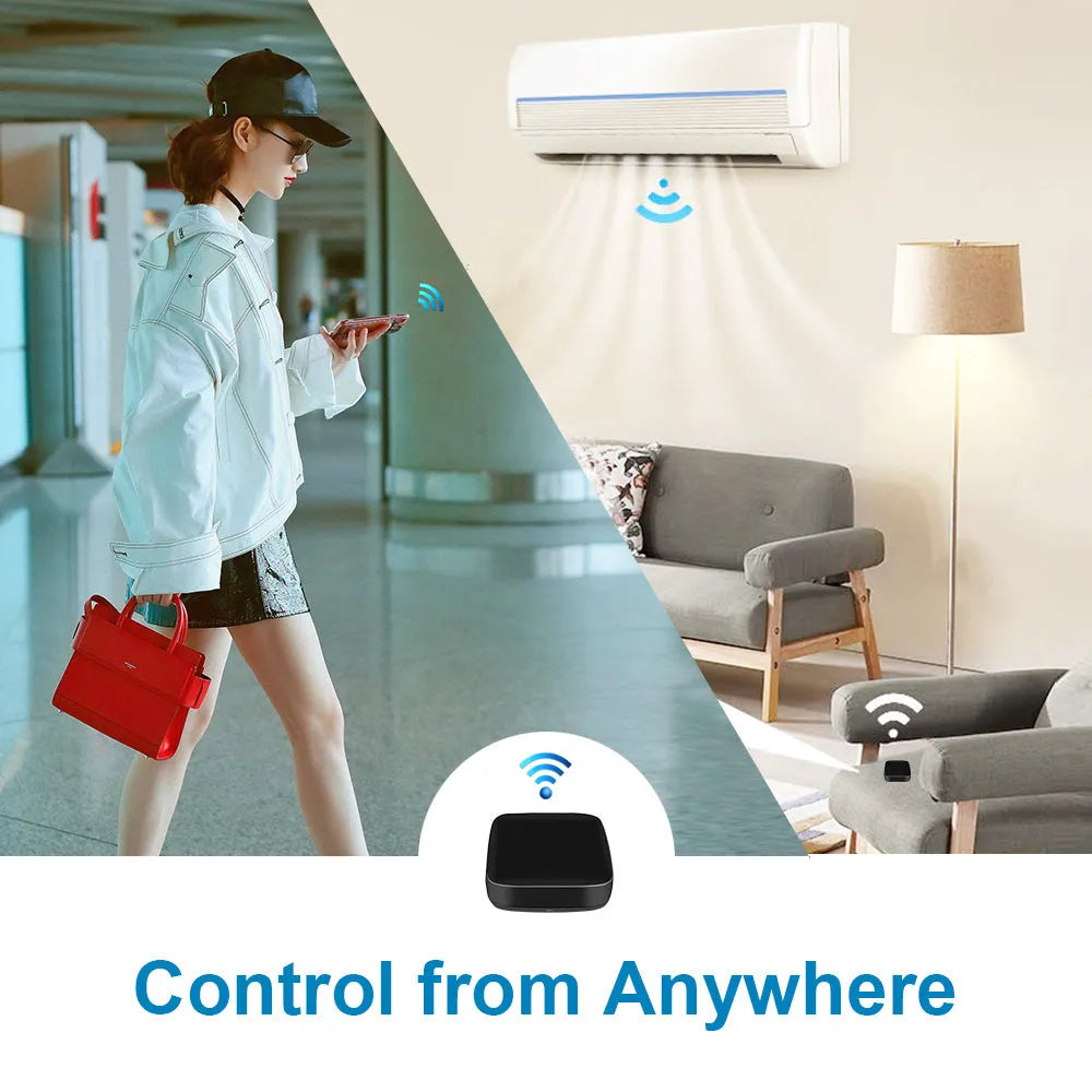 Black voice control universal infrared remote control with WiFi connectivity and environmental sensors