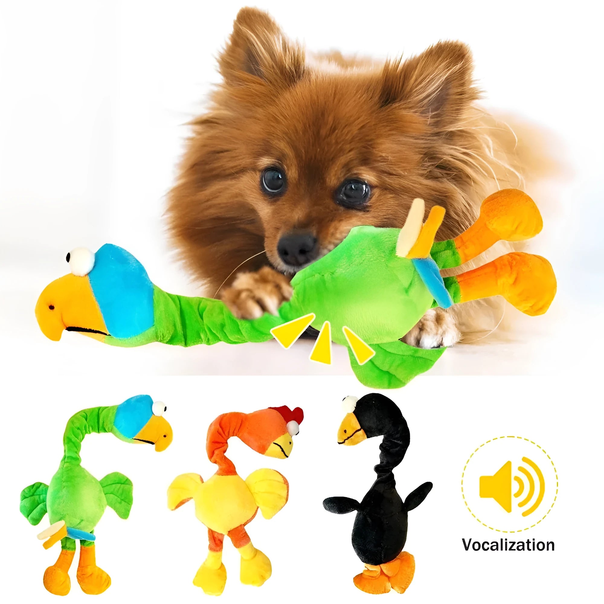 Bite-resistant screaming chicken sound squeaky dog toy in black, green, and orange.