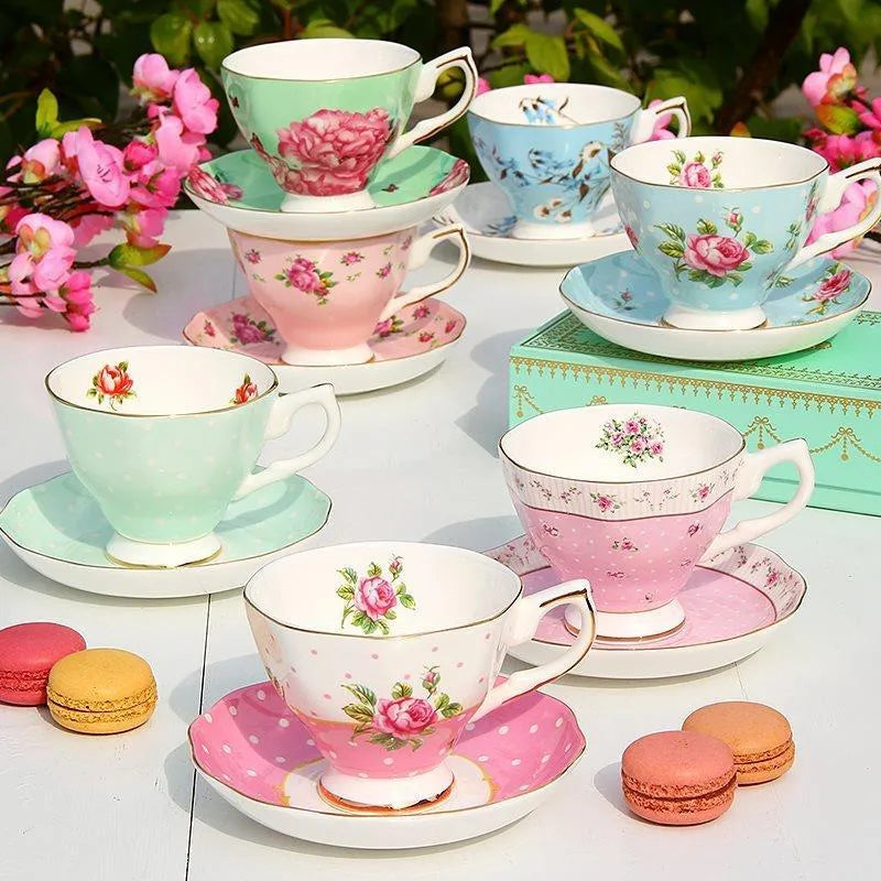 Porcelain coffee cup with saucer in European pastoral style with floral decoration
