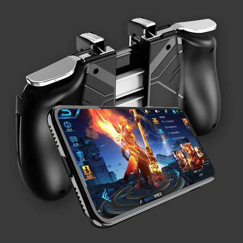 A multifunctional mobile game handle shown in black, blue, and white colour options.