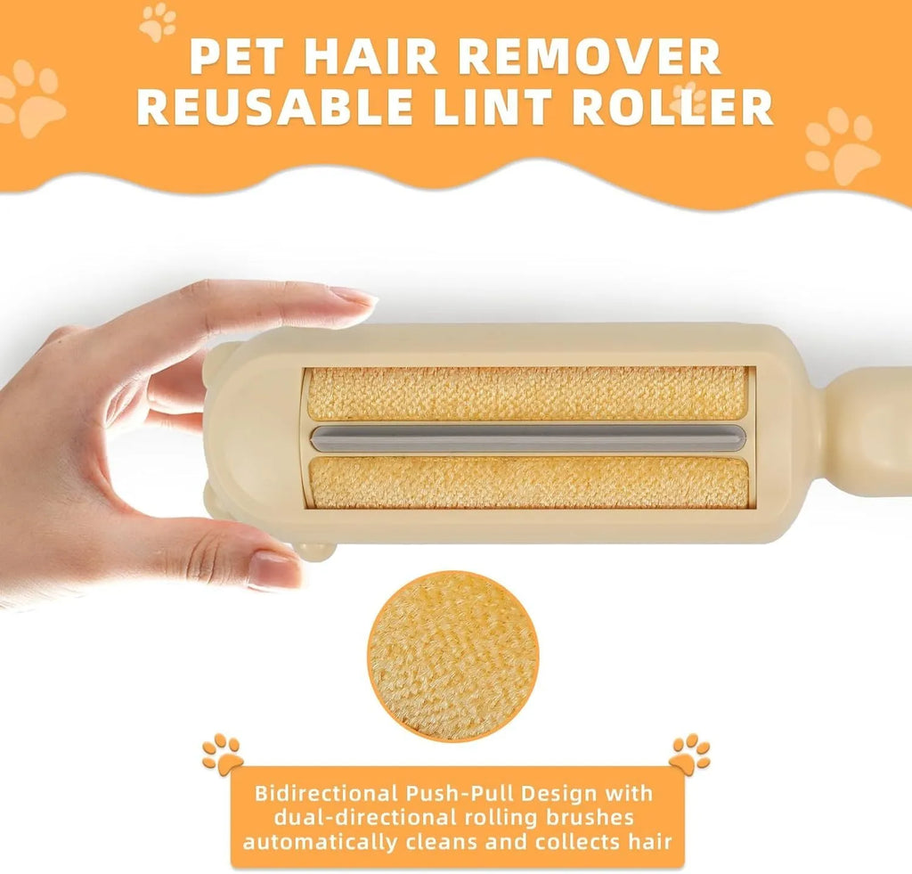 Blue reusable pet hair remover tool with self-cleaning base for furniture and carpets