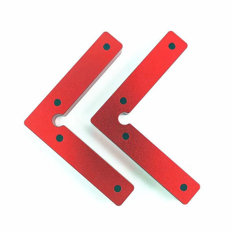 Aluminium right angle woodworking positioning block with scale, shown next to 100mm and 120mm size options.