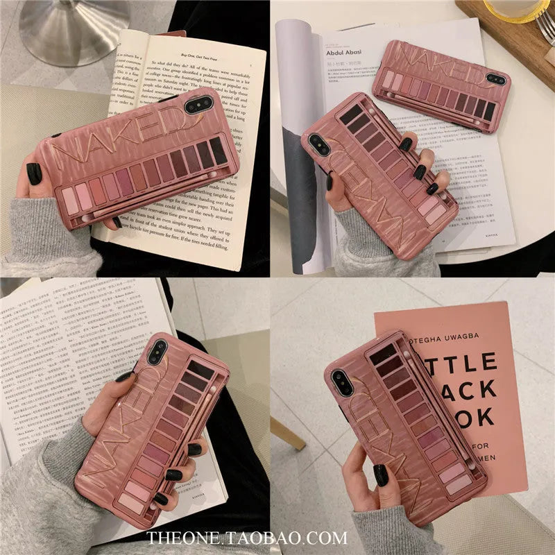 Silicone iPhone case with an eye shadow colour palette design, shown in Flesh and Grey colours.