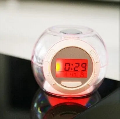White colorful natural sound alarm clock with large LCD display and seven colour cycle light