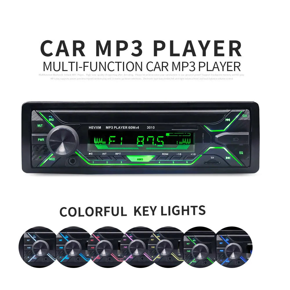 Car radio MP3 player with Bluetooth, USB/TF slots, LCD display, and front panel controls