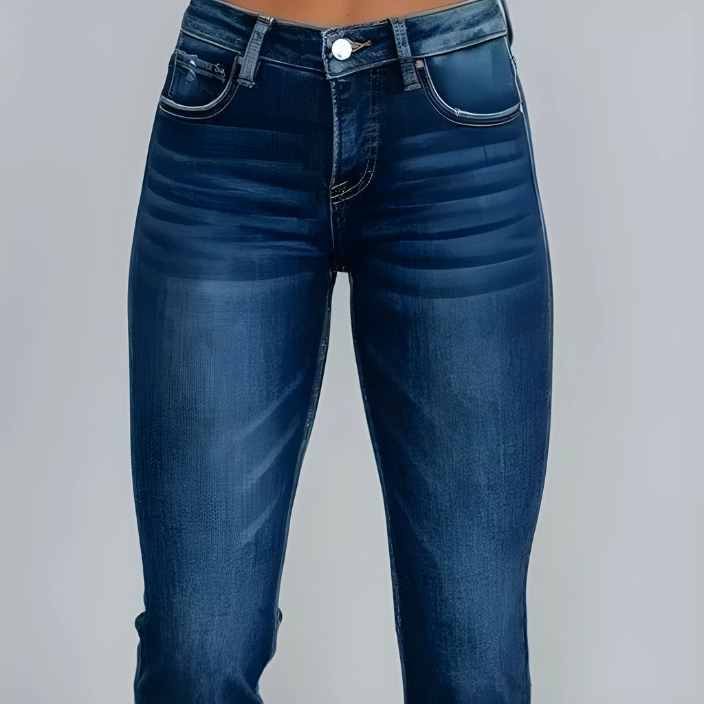 Women's solid colour denim jeans with a hand-worn finish, shown in dark blue and light blue.
