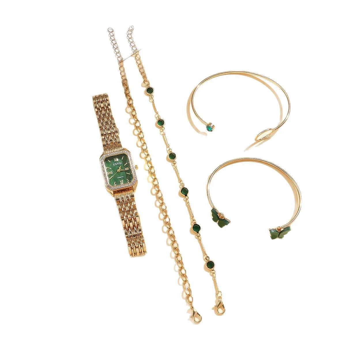 Gold green square steel ladies watch and four matching butterfly jewellery bracelets laid out as a set.