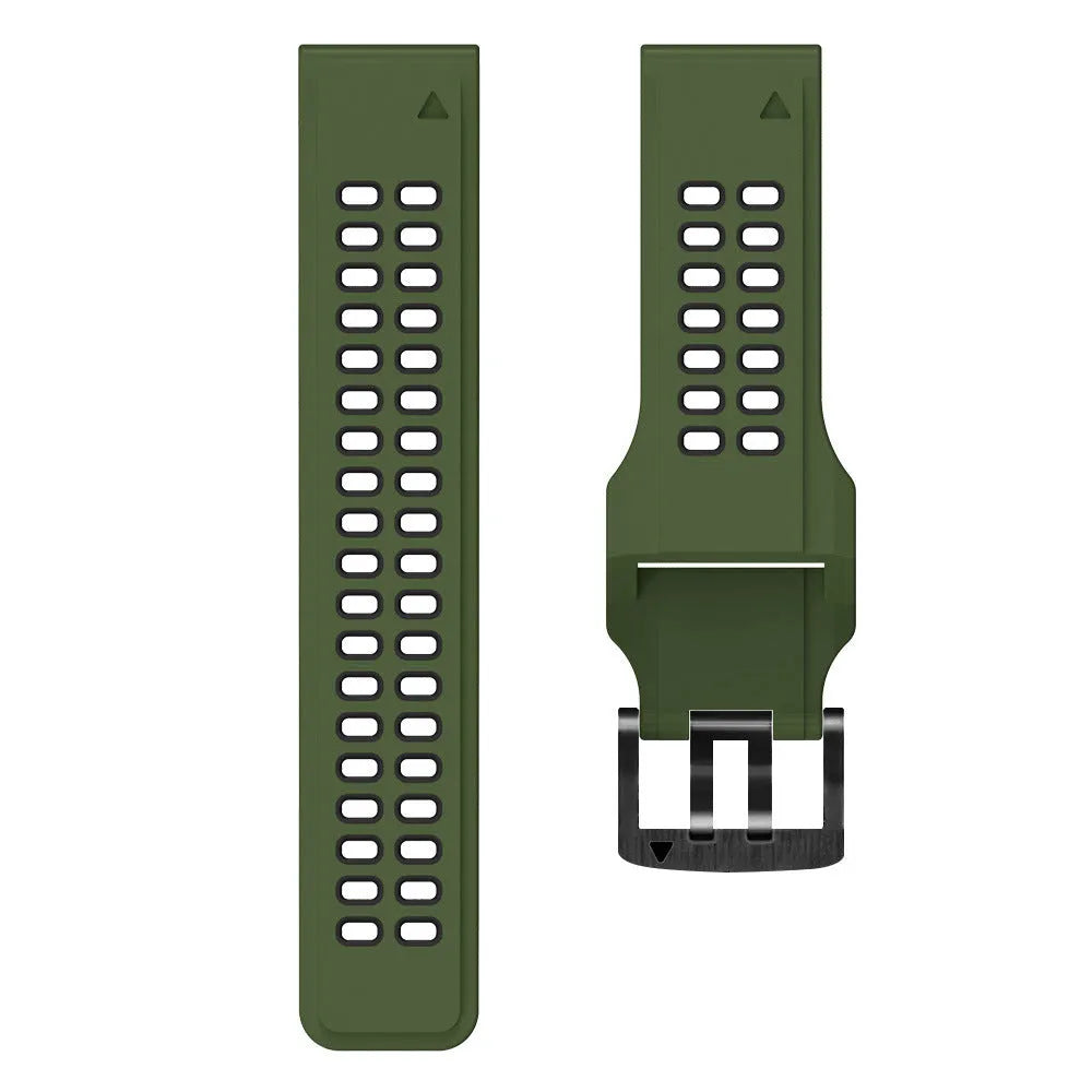 Quick release two-tone silicone watch strap in black and orange with pin buckle.