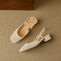 Women's woven hollow-out closed toe sandals with 4cm chunky heel and buckle fastening in black and beige