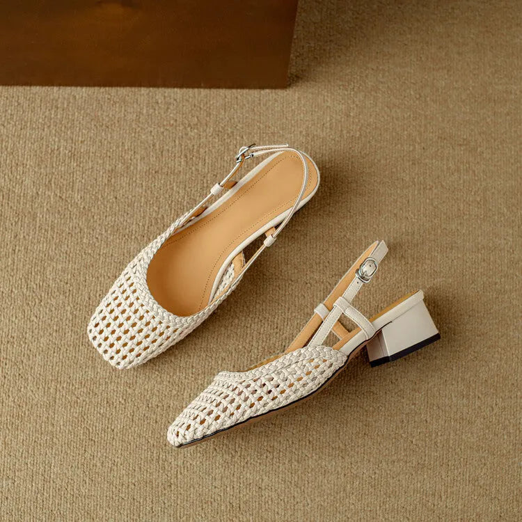 Women's woven hollow-out closed toe sandals with 4cm chunky heel and buckle fastening in black and beige