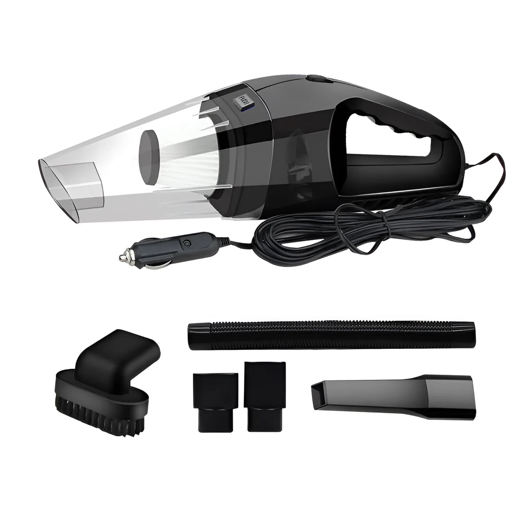 Compact orange handheld vacuum cleaner with nozzle, next to a car's 12V cigarette lighter socket.