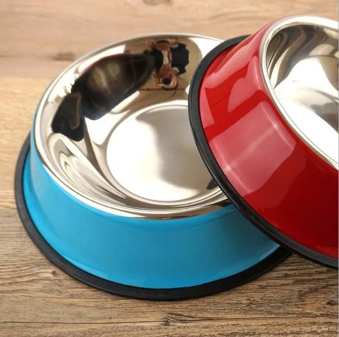 Stainless steel pet bowl with colourful melamine exterior showing dual compartment design