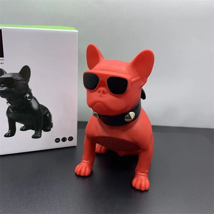 Mini Bluetooth speaker shaped like a bulldog, shown in black, red, and white colour options.