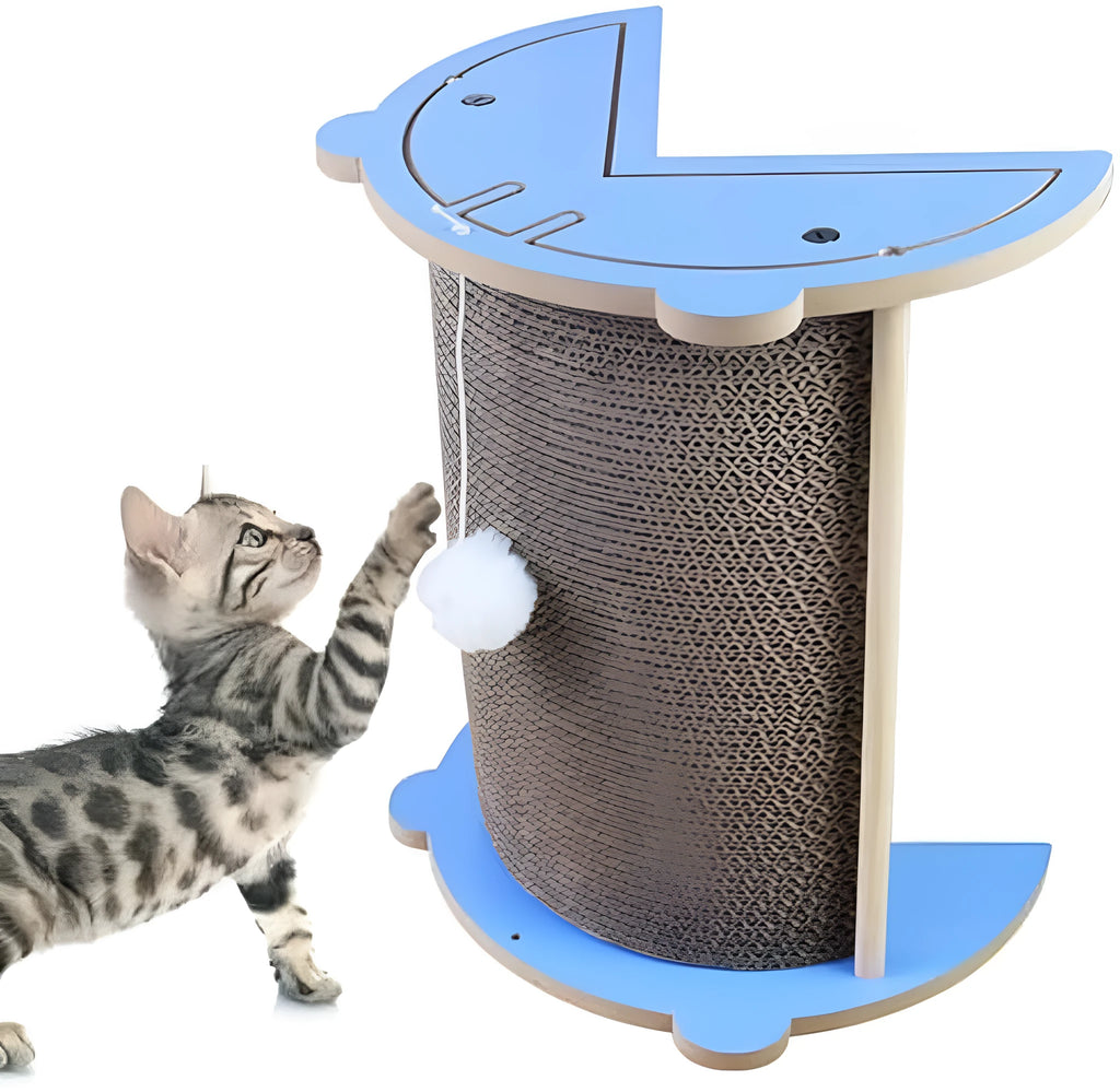 Cat corner scratching pad with hanging ball installed in room corner