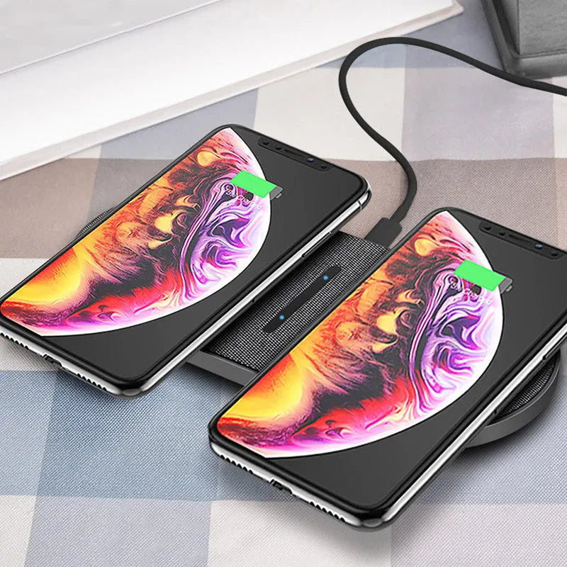 Black dual wireless charging pad for two phones with LED indicators