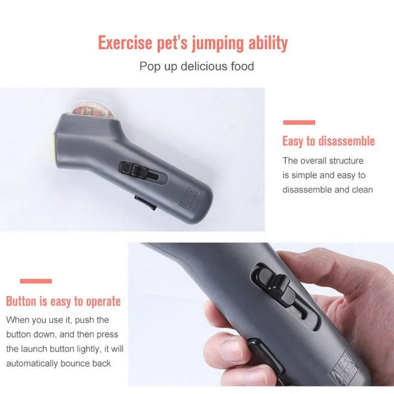 Grey plastic pet snack launcher toy measuring 18cm long for dog and cat treat dispensing.