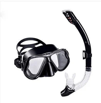 Diving goggles with PC frame, transparent glass lens, adjustable silicone strap, and buckle in multiple colour options