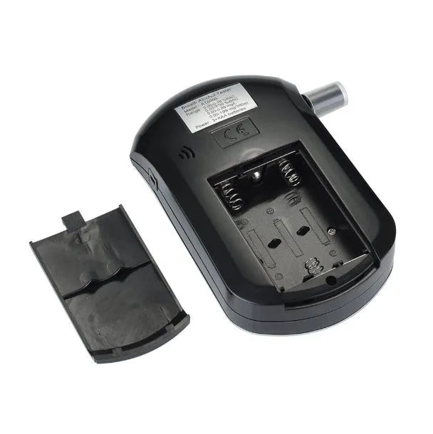 Black portable alcohol breath tester device with LCD screen and attached mouthpiece.